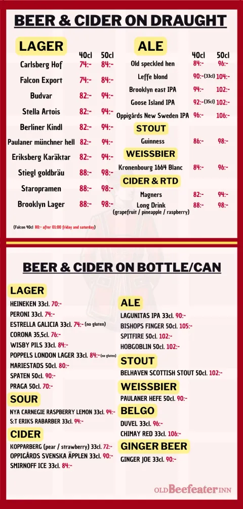 Menysida med öl och cider på fat, flaska och burk, med priser