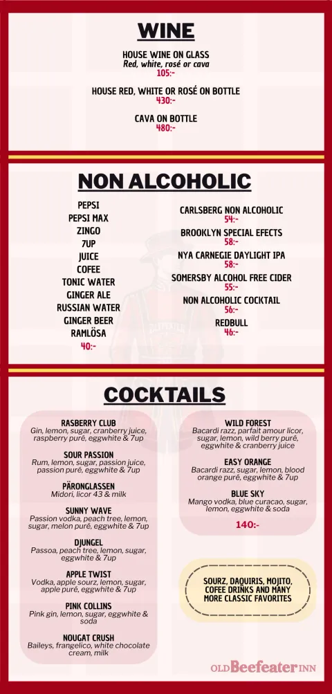 Menysida med vin, alkoholfria drycker och cocktails, med priser