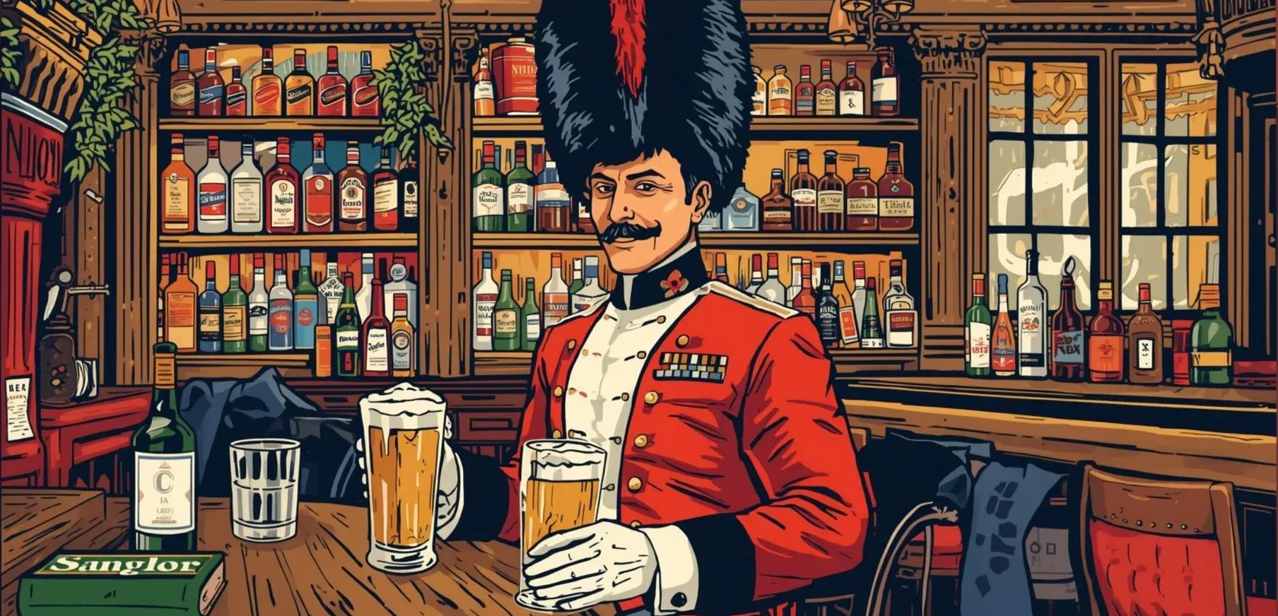 Illustration av en gardist med öl i en engelsk pub