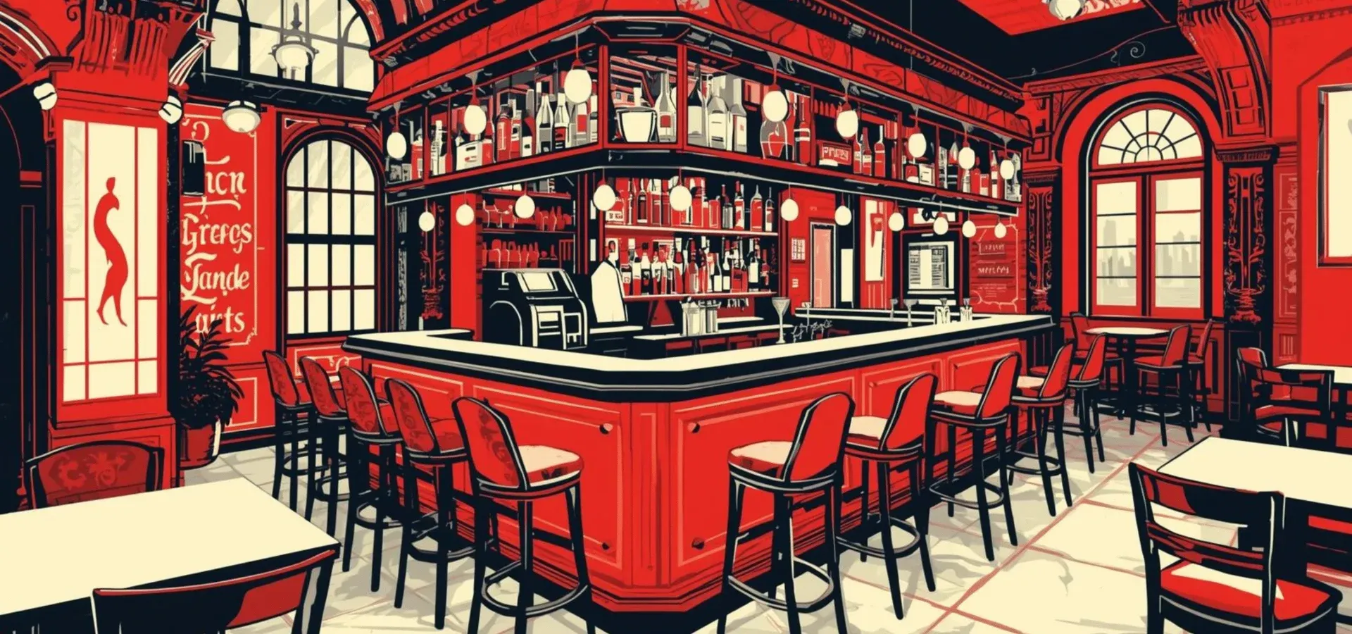 Illustration av pubens bar med röda detaljer och flaskhyllor