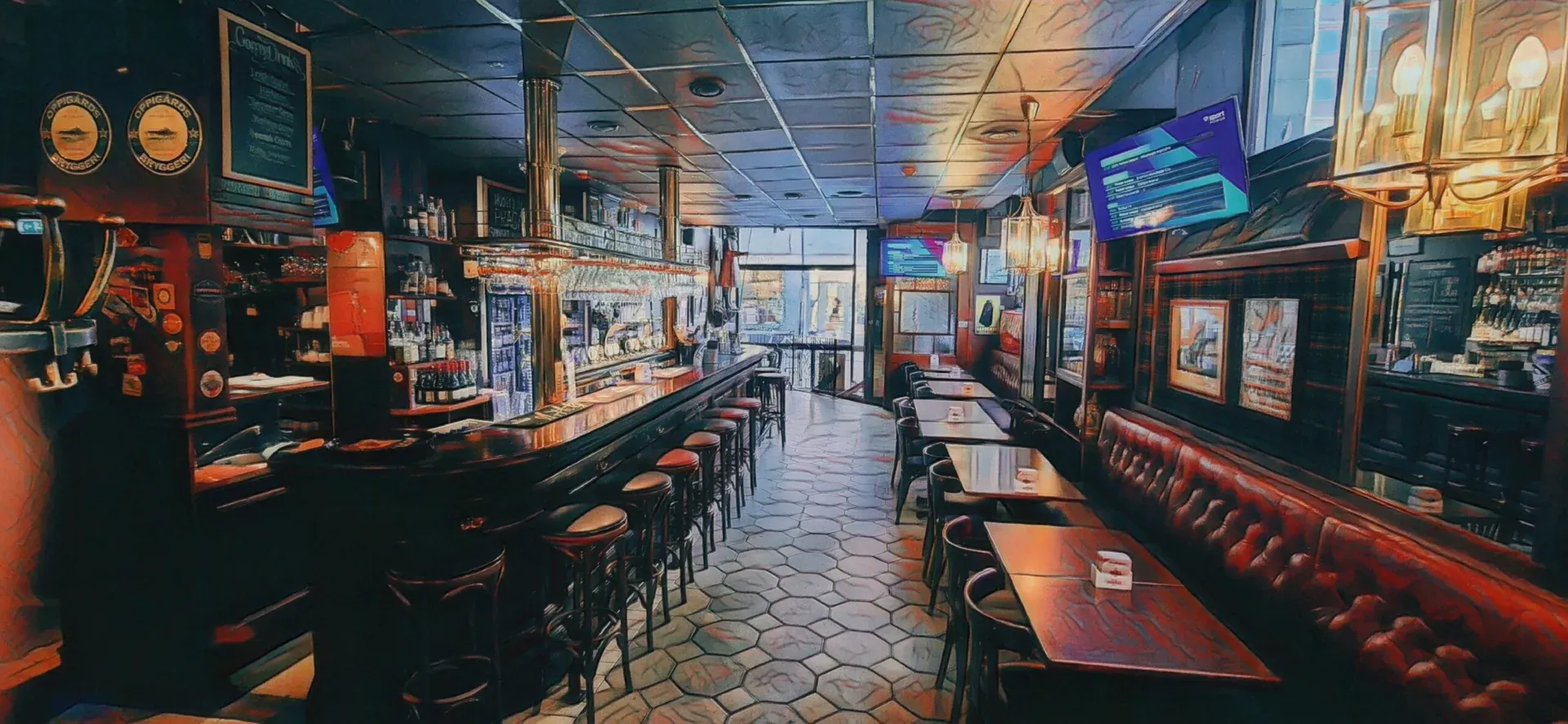 Bardisken och borden längs den röda skinnsoffan på Old Beefeater Inn